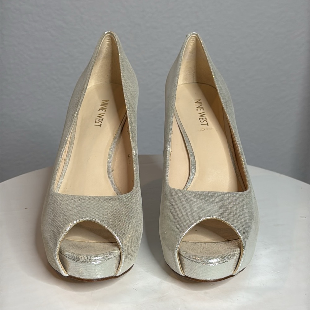 NINE WEST QTPIE METALLIC LEATHER PEEP TOE PLATFORM HEELS - Picture 3 of 15